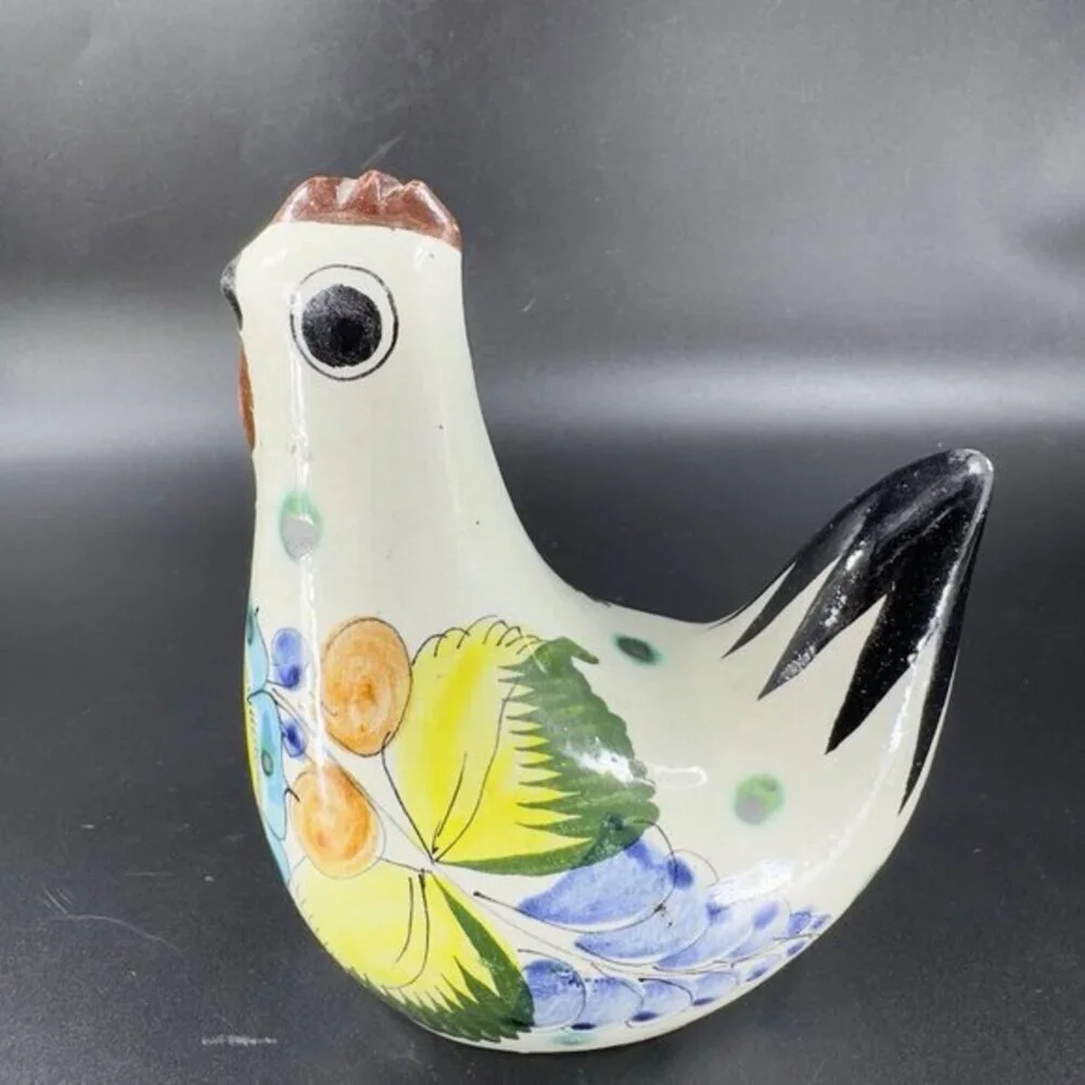 VTG Tonala Mexico Folk Art Pottery Chicken Rooster Hand Painted Figurine‎ Signed